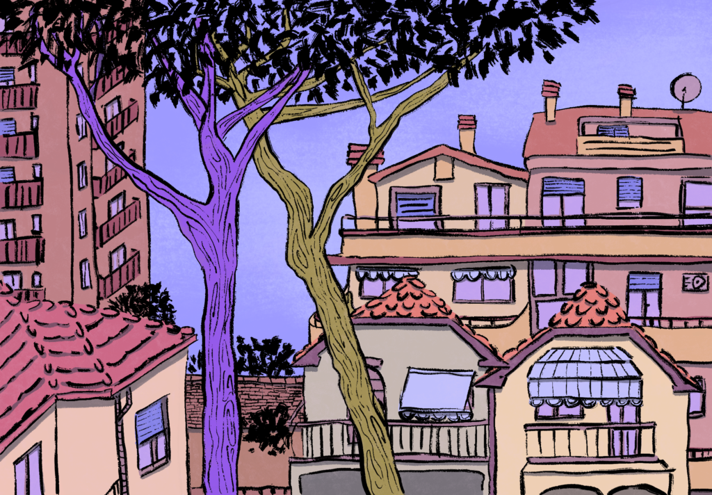 illustrazione case con pini marittimi